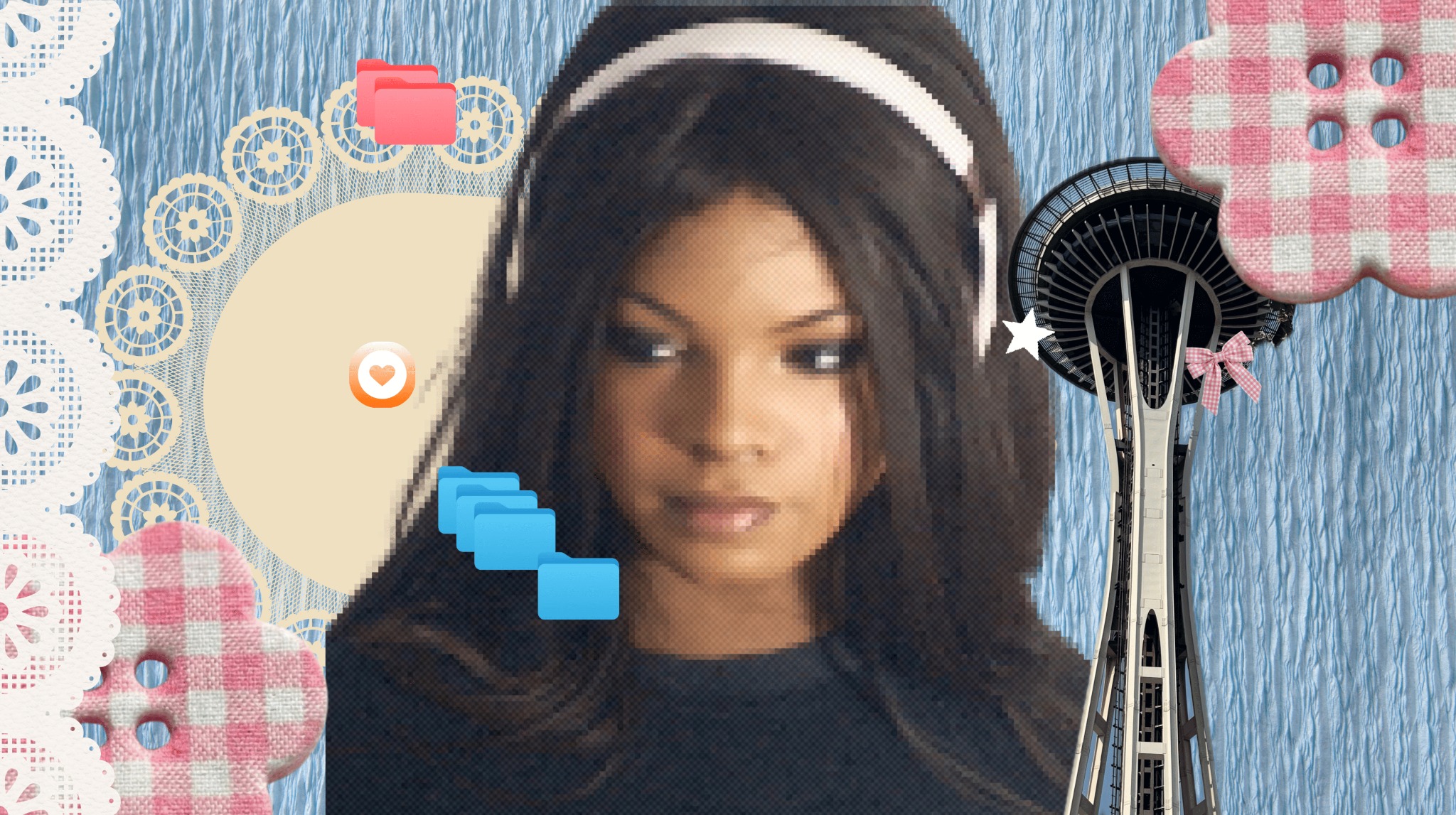 Aphrajay wearing headphones in a collage of lace, blue fabric, pink flowers and the Space Needle