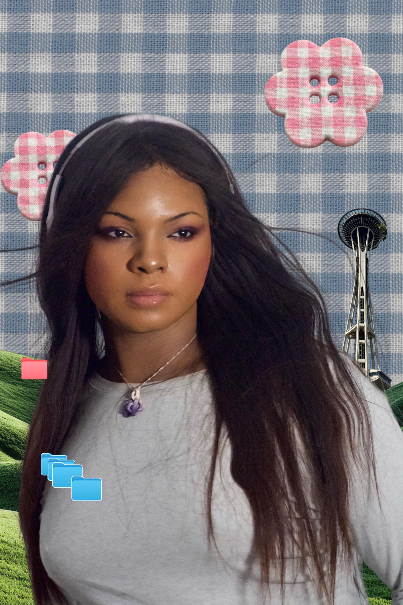 Aphrajay in a gray top, framed by blue checked fabric, pink flowers and computer-folder icons