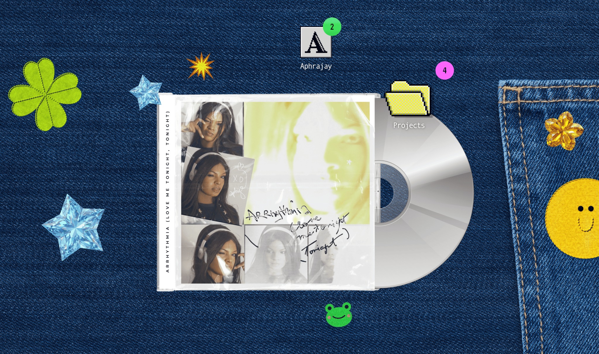 Promotional collage for Arrhythmia with portraits, illustrated disc and case, desktop icons and denim textures