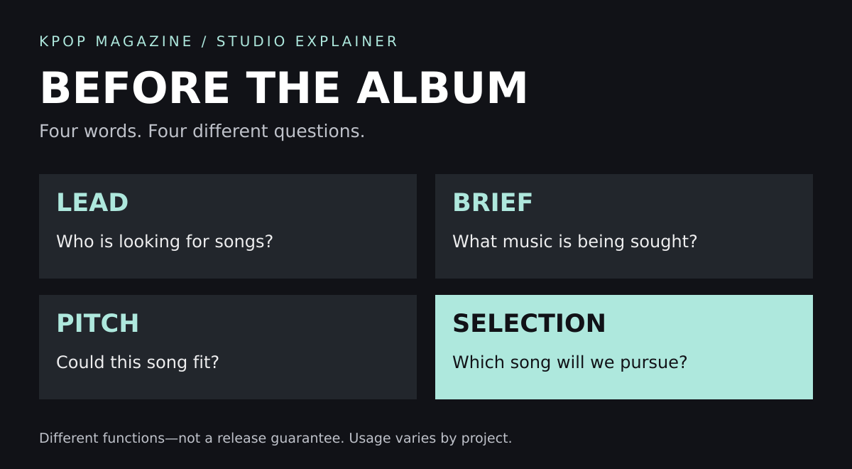 Four terms before the album: lead, brief, pitch and selection, each paired with its defining question
