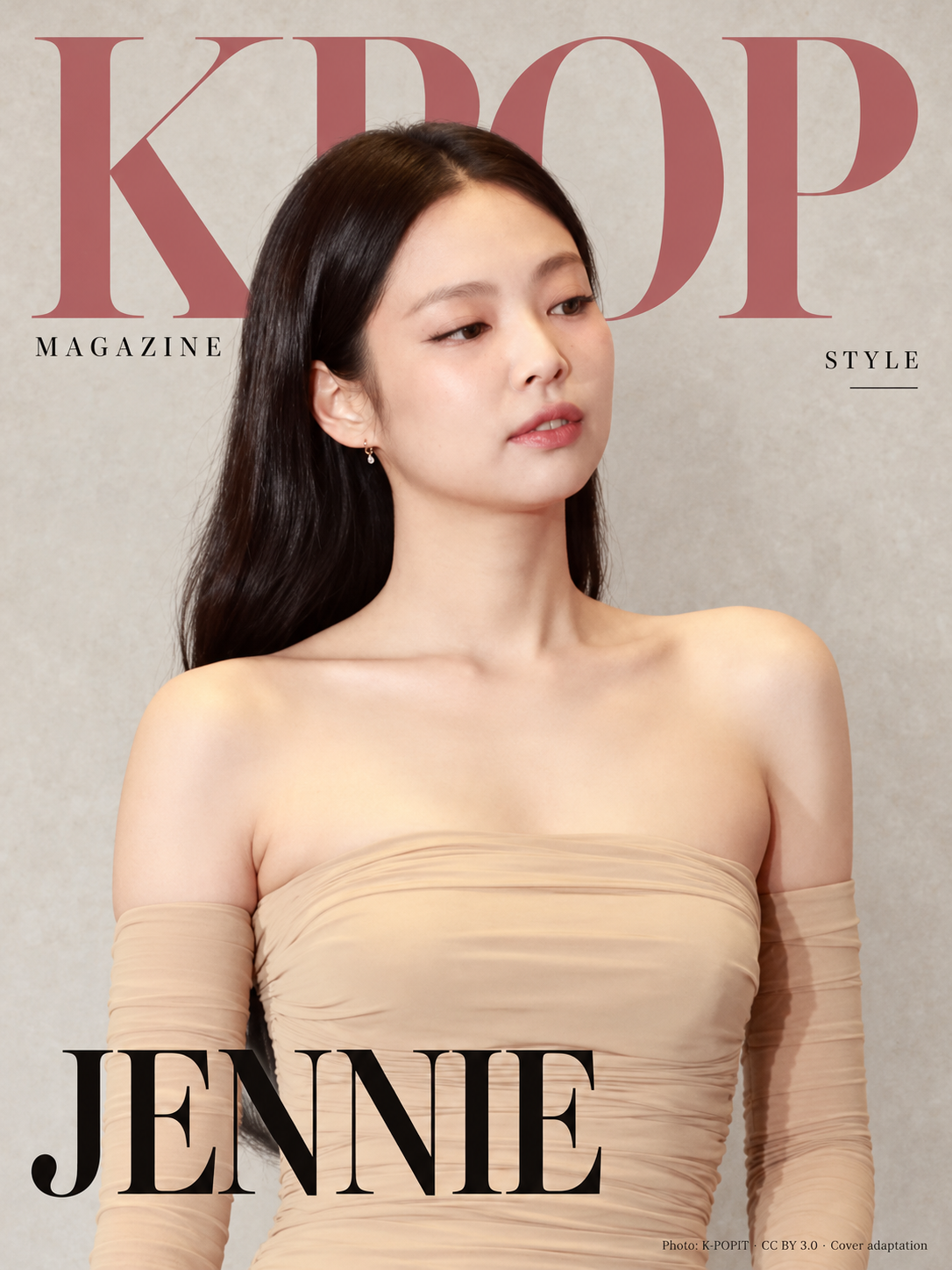 Jennie in a beige off-shoulder dress on a KPOP MAGAZINE STYLE cover