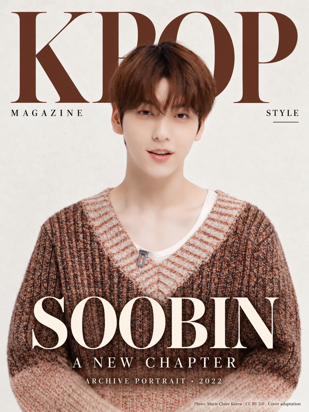 KPOP MAGAZINE STYLE cover featuring an editorial adaptation of SOOBIN’s 2022 archival portrait